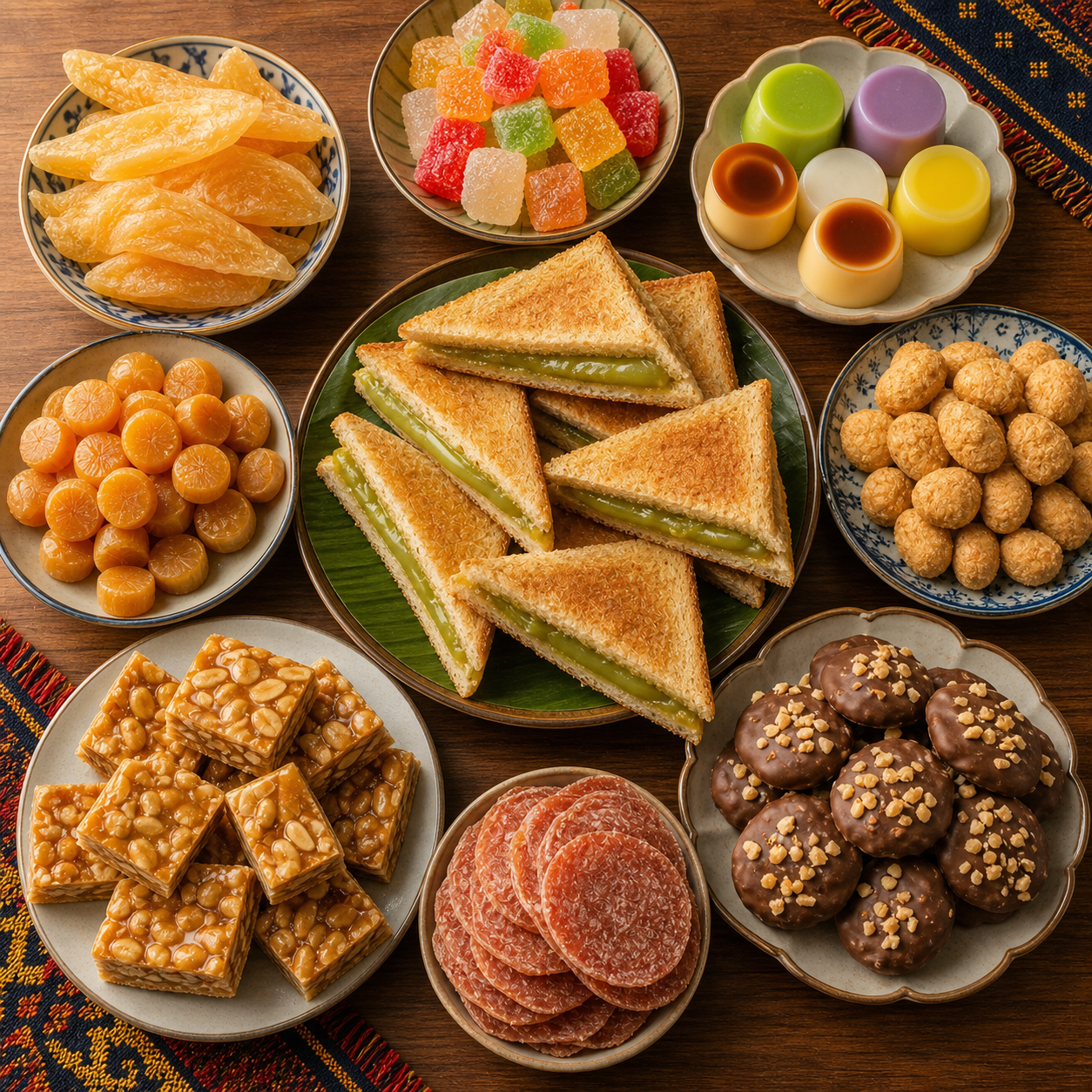 Malaysian sweets and snacks including jelly candy, kuih, peanut brittle, kaya toast and chocolate biscuits