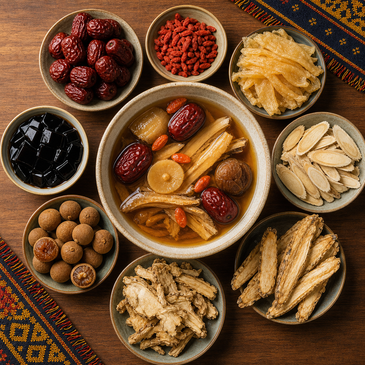 A Chinese herbal soup with red dates, goji berries, ginseng and dried longan, surrounded by soup ingredients