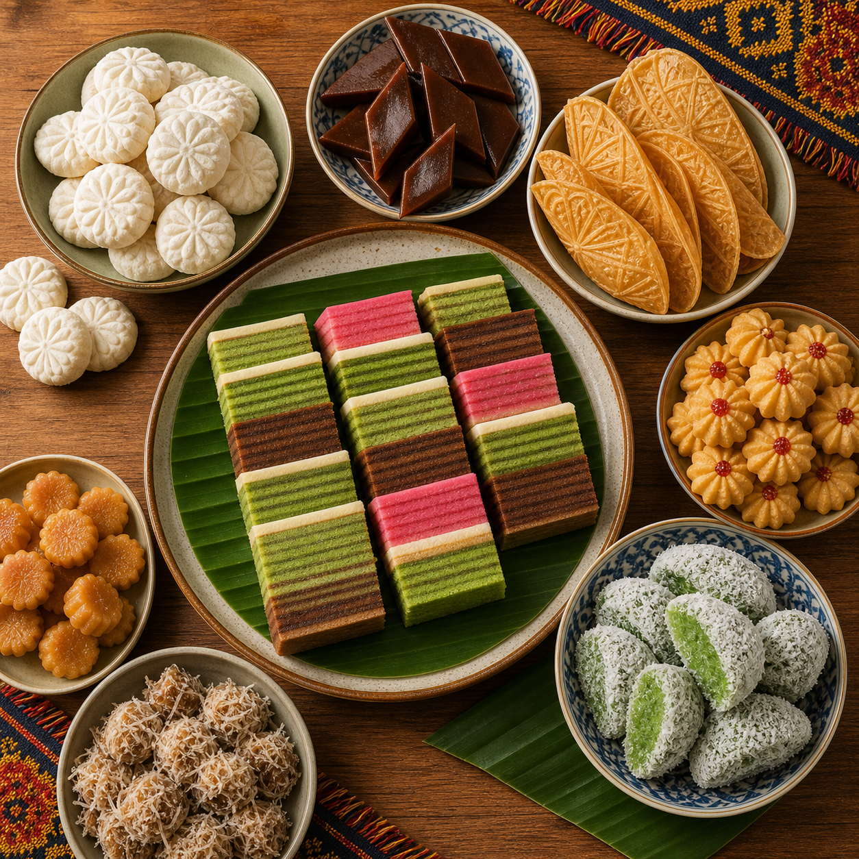 Sarawak kek lapis layer cake on a banana leaf with kuih bangkit, dodol and traditional Malaysian biscuits