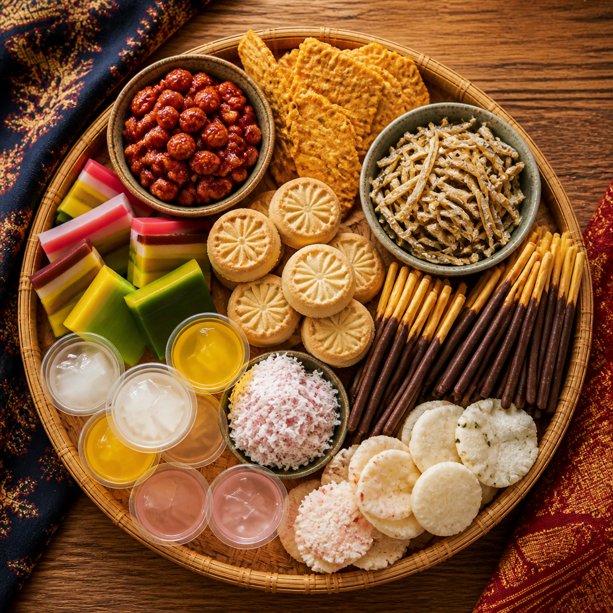 Malaysian snacks, kuih and sweets laid out together
