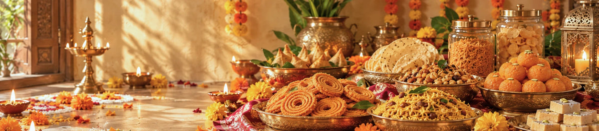 Diwali festive spread: murukku, samosas, papadum, mixture and Indian sweets