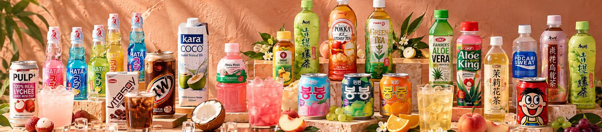 Asian drinks: Ramune, Kara coconut water, Tiger Tiger lychee juice, Pokka iced lychee tea and Mogu Mogu
