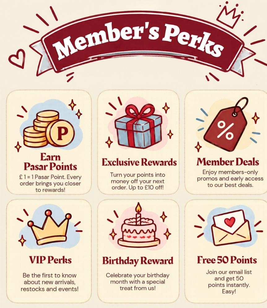 Kawan Club member perks: earn Pasar Points, exclusive rewards up to £10 off, member deals, VIP perks, birthday reward, free 50 points for joining our email list