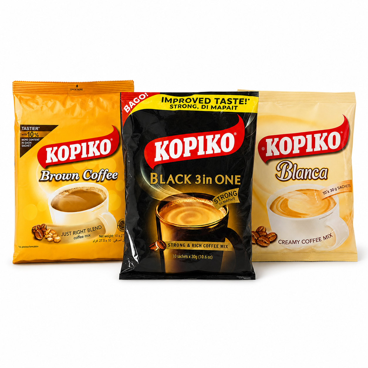 Kopiko instant coffee three-flavour bundle with Black, Brown Coffee and Cafe Blanca