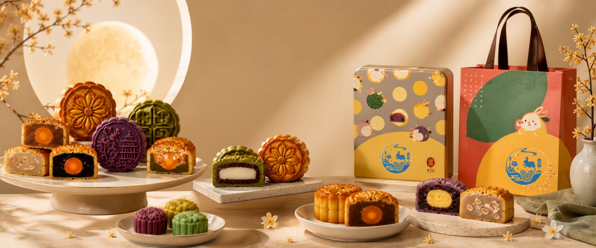 Yi Jia Malaysian mooncakes with festival gift tin and lantern gift bag under a full moon